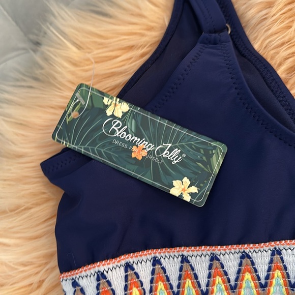 High Waist Bikini Swimsuit Navy With Colorful Ribbon Band Accent Sz MED NEW! - Picture 4 of 4